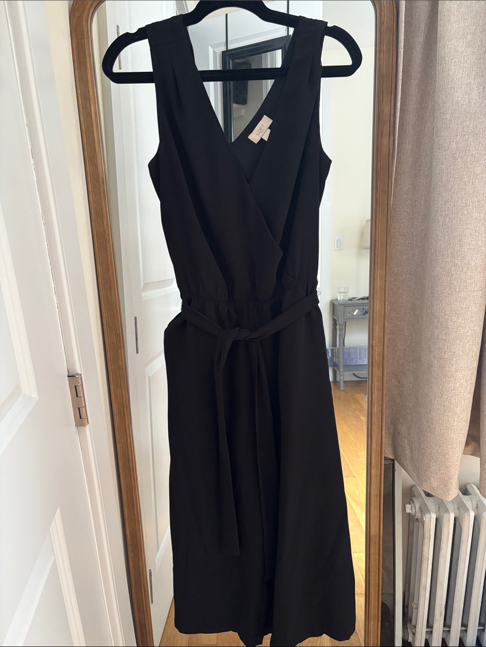 LOFT Black Sleeveless Wrap-Front Jumpsuit with Tie Waist